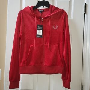 True Religion Red Velour Rhinestone Wings Zip Hoodie NWT Size S